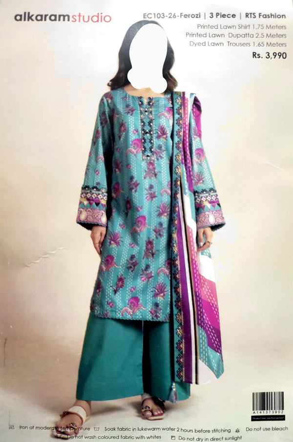 AlKaram Lawn 3-Piece Unstitched Suit – Everyday Elegance for Summer (EC103-26-Ferozi)